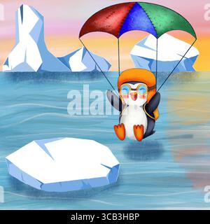 Paracadutismo dei pinguini con paracadute colorato sulle acque ghiacciate, casco e occhiali protettivi, illustrazione adatta ai bambini. Foto Stock