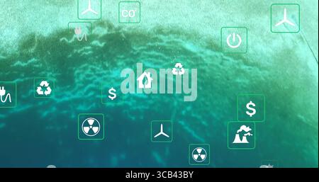 Visualizzazione di icone su sfondo verde con simboli di riciclaggio, turbina eolica ed energia Foto Stock