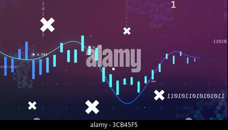 Visualizzazione di barre ciano e linea blu su griglia esagonale viola, contrassegni X bianchi, etichette numeriche Foto Stock