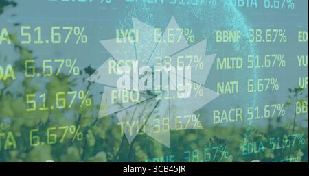 Visualizzazione di sovrapposizioni digitali centrali con bollettini azionari e percentuali su prato, logo traslucido Foto Stock