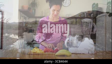 Affettare una donna in abbigliamento sportivo usando un coltello da cucina preparando frutta a bordo in cucina, con frullatore Foto Stock