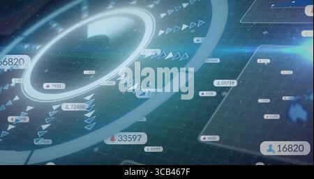 Visualizzazione dell'anello HUD circolare centrale mobile sull'interfaccia griglia virtuale, con etichette di dati numerici Foto Stock