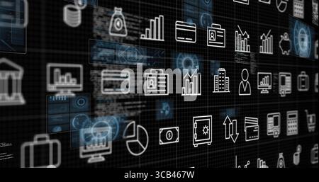 Mostra l'interfaccia con la griglia delle icone business e finanza sul cruscotto scuro, con tema dati Foto Stock