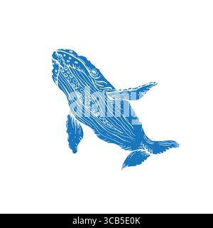 Illustrazione vettoriale disegnata a mano del riempimento blu balena senza ictus. Disegna uno stile di incisione dettagliato Illustrazione Vettoriale