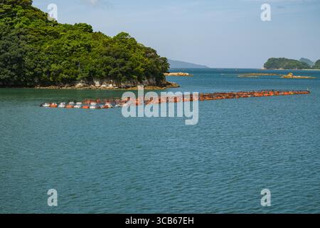 Un'immagine tranquilla di un allevamento di pesci galleggiante adagiato su lussureggianti isole verdi sotto un cielo azzurro. Questa tranquilla scena cattura la serena bellezza del natu Foto Stock