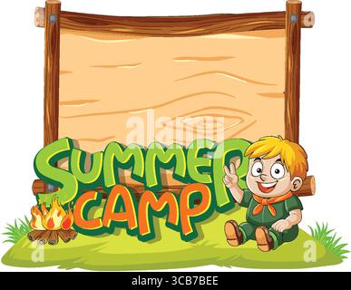 Illustrazione vettoriale di un ragazzo sorridente in uniforme da scout seduto accanto a un falò, grande cartello in legno e audace testo estivo in colori giocosi Illustrazione Vettoriale
