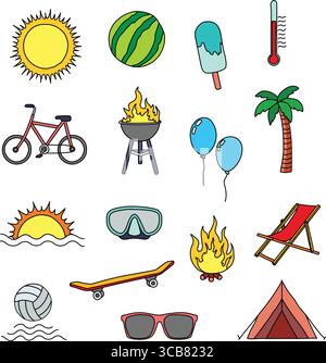 Icone delle vacanze estive che rappresentano attività all'aperto e svago Illustrazione Vettoriale