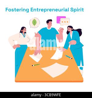 Gli imprenditori si impegnano in discussioni animate attorno a un tavolo, promuovendo creatività e collaborazione. Le idee scorrono liberamente mentre condividono informazioni, incoraggiando l'innovazione e il lavoro di squadra in un ambiente di supporto. Illustrazione Vettoriale