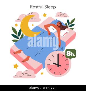 Immagine vettoriale che raffigura una donna che dorme tranquillamente su un letto con un orologio che mostra 8 ore. Circondato da nuvole, stelle e una luna crescente, simboleggia il sonno riposante. Illustrazione Vettoriale