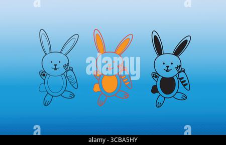 Simpatici conigli cartoni animati in tre varianti di colore su sfondo blu sfumato Illustrazione Vettoriale