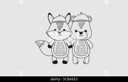 Carino Fox e Bear Friends Line Art Vector Illustration Illustrazione Vettoriale