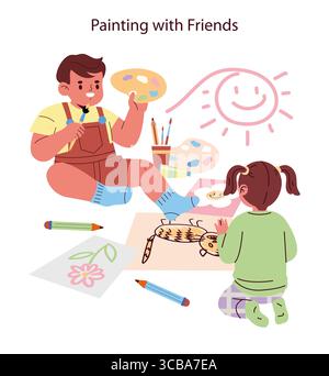 Due bambini si dedicano ad attività artistiche creative, dipingendo e disegnando sul pavimento. L'allegra illustrazione vettoriale mostra i bambini che esprimono felicemente le loro abilità artistiche e la loro immaginazione. Illustrazione Vettoriale