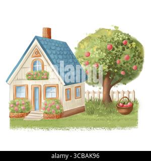 Accogliente illustrazione dipinta a mano di una casa di campagna con tetto blu, fiori fioriti, meli e cesto di mele. Foto Stock