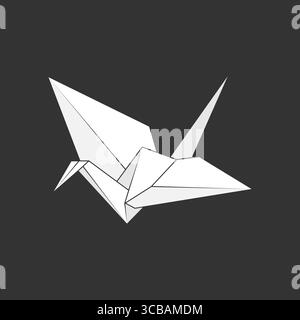 Icona della gru in carta Origami su sfondo scuro. Uccello di Origami dalla carta piegata. Illustrazione vettoriale Illustrazione Vettoriale