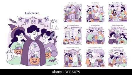 L'illustrazione vettoriale a tema Halloween include attività divertenti come la creazione di costumi, il trick-or-dolcetto e la narrazione di storie spaventose. I personaggi si godono le decorazioni natalizie e le prelibatezze di Halloween. Illustrazione Vettoriale