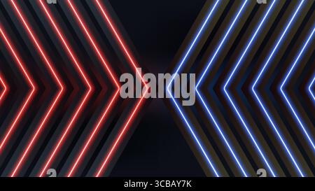 Un brillante sfondo tecnologico al neon che mostra frecce rosse e blu simmetriche, progettato come concetto astratto digitale per la tecnologia moderna e il vi futuristico Illustrazione Vettoriale