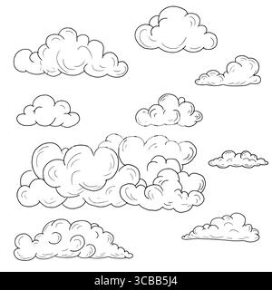 Soffici nuvole di forme diverse, schizzi in bianco e nero. Illustrazione vettoriale. Il concetto di fenomeni naturali, nuvole, tempo, isolato su un bianco Illustrazione Vettoriale