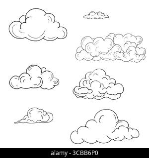 Soffici nuvole di forme diverse, schizzi in bianco e nero. Illustrazione vettoriale. Il concetto di fenomeni naturali, nuvole, tempo, isolato su un bianco Illustrazione Vettoriale