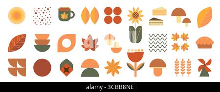 Set di icone autunnali in stile geometrico piatto. Foglie, bacche, funghi, noci, zucca, verdure in stile Bauhaus. Raccolta di icone piatte. Illustrazione vettoriale. Illustrazione Vettoriale