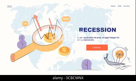 Recessione economica crisi lente di ingrandimento grafico in calo monete mappa mondiale sfondo piovoso lumaca banner sito web Illustrazione Vettoriale