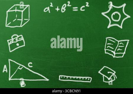 La lavagna verde è coperta da semplici disegni di gesso bianco di simboli e formule educativi. Copia spazio per il testo Foto Stock