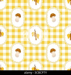 Motivo autunnale senza cuciture con funghi e foglie su sfondo a scacchi. Design rustico vintage. Illustrazione del vettore piatto Illustrazione Vettoriale