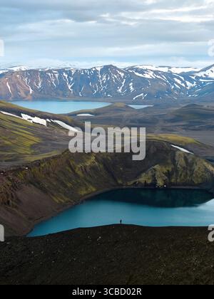 Fotografo che ammira la vista mozzafiato degli altopiani islandesi Foto Stock