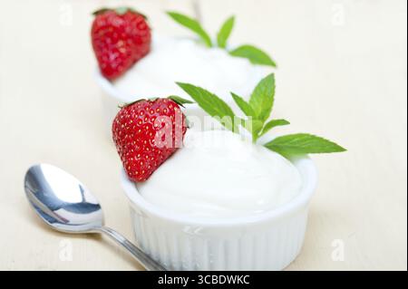 Yogurt greco biologico e fragola su tavola di legno rustico bianco Foto Stock
