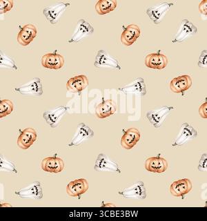 Motivo senza cuciture per Halloween con simpatiche zucche con il viso su sfondo isolato. Illustrazione ad acquerello disegnata a mano per bambini. Perfetto per Foto Stock