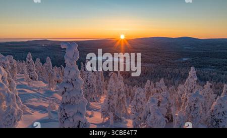 Vista aerea di alberi carichi di neve che si avvicinano al sole ardente mentre cresta l'orizzonte, gettando lunghe ombre attraverso il tranquillo paesaggio innevato di Salla, Lapponia, Finlandia. Foto Stock
