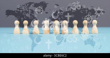 Giornata mondiale della religione, persone con simboli di diverse credenze religiose, cristianesimo, Islam, induismo, buddismo, fede ebraica, celebrazione mondiale Foto Stock