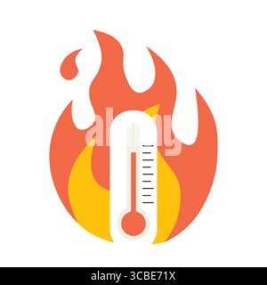 termometro rosso in fiamme, avvertimento di alta temperatura, caldo giorno estivo, onda di calore, concetto di cambiamento climatico - illustrazione vettoriale Illustrazione Vettoriale