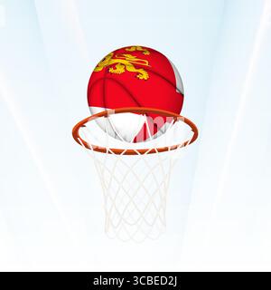 Illustrazione vettoriale di un pallacanestro con la bandiera nazionale di Sark, catturata nel momento in cui si segna attraverso un cerchio. Perfetto per la tourna sportiva Illustrazione Vettoriale