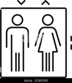 Ascensore con figure maschio e femmina icona linea. Simbolo sollevamento incluso sesso. Illustrazione generale dell'accessibilità e dei trasporti pubblici. Modificabile Illustrazione Vettoriale