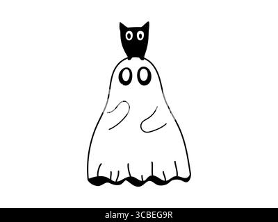 Simpatico fantasma spettrale con gufo nero seduto sulla testa. Doodle di Halloween disegnato a mano su sfondo isolato. Buffo fantasma con gufo. Illustrazione Vettoriale