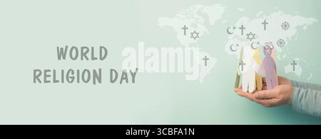Giornata mondiale della religione, mappa del mondo con simboli di diverse credenze religiose, cristianesimo, Islam, induismo, buddismo, fede ebraica, celebrazione mondiale Foto Stock