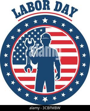 Questo straordinario logo celebra il Labor Day con un design caratterizzato da una silhouette da operaio che regge una chiave inglese sullo sfondo della bandiera americana. Illustrazione Vettoriale
