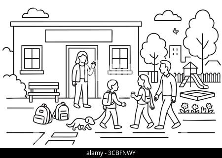 Bambini che camminano fino a scuola con genitori e cani sul marciapiede. Illustrazione Vettoriale