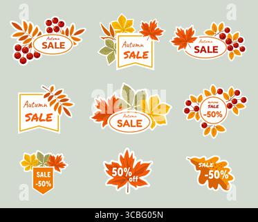 Etichette autunnali in vendita. Design di badge ed etichette di sconto per le vendite autunnali e le grandi offerte. Promozione autunno, banner sconto Illustrazione Vettoriale