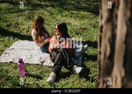 Due amici che si godono una giornata di sole in un parco seduto su una coperta su una lussureggiante erba verde Foto Stock