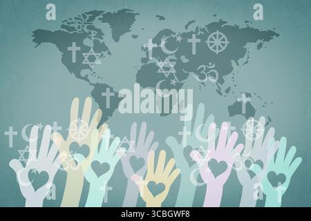 Giornata mondiale della religione, persone con simboli di diverse credenze religiose, cristianesimo, Islam, induismo, buddismo, fede ebraica, celebrazione mondiale Foto Stock