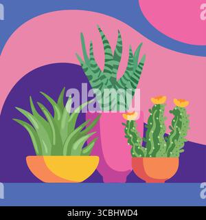 Illustrazione allegra del cactus con onde astratte. Piante decorative in vasi colorati e sfondo dinamico. Illustrazione Vettoriale