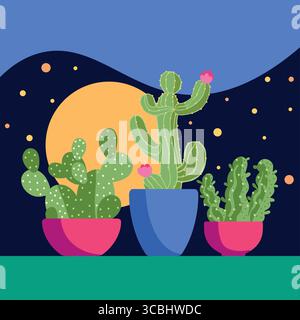 Illustrazione Cactus con luce lunare. I vasi luminosi contrastano con il cielo scuro e le piante del deserto. Illustrazione Vettoriale