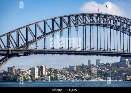 L'iconico Sydney Harbour Bridge. Un ponte stradale ad arco che collega il quartiere centrale degli affari con la North Shore. Quartieri residenziali e commerciali o Foto Stock