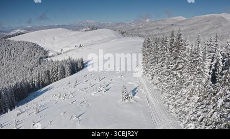 L'aereo rivela una strada di montagna innevata attraverso una fitta pineta ricoperta di neve fresca, crogiolandosi alla calda luce del sole nelle limpide giornate invernali. Stazione sciistica di Bukovel. Sfondo invernale di viaggi nella natura selvaggia Foto Stock