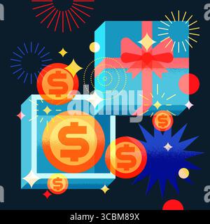 Immagine vettoriale dall'alto della confezione regalo aperta con monete dorate. Elementi geometrici piatti per ricompense, jackpot, bonus, risparmi, successo finanziario Illustrazione Vettoriale
