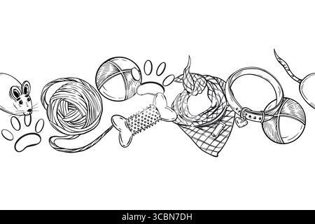 Bordo vettoriale senza cuciture da accessori per animali domestici, ossa di gomma, sfere, sfere di filo, impronte di zampa, collare. Tutto è disegnato a mano con l'inchiostro. Per la stampa Illustrazione Vettoriale