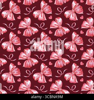 Motivo acquerello senza cuciture con archi, nastri e cuori rosa su sfondo rosso scuro. Sfondo festivo senza cuciture per carta da parati, imballaggi e tessuti Foto Stock