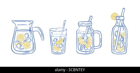 Set di limonata fatta in casa con ghiaccio in vetro illustrazione vettoriale. La dolche vita. Bevanda fresca italiana estiva. Cocktail agli agrumi Illustrazione Vettoriale