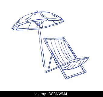 Disegna a mano la sedia da spiaggia vintage e l'illustrazione vettoriale dell'ombrello. Vacanze estive Illustrazione Vettoriale